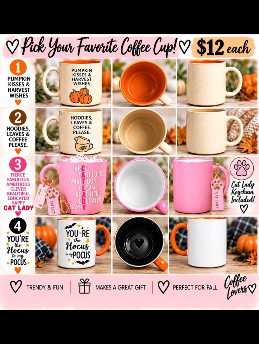 Autumn Ceramic Coffee Mug Collection - Pink, Orange, Cream, White
